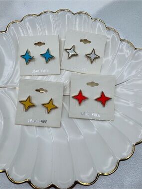 Colorful Starburst Enamel Stud Earrings Set of 4 | Orange White Blue Yellow